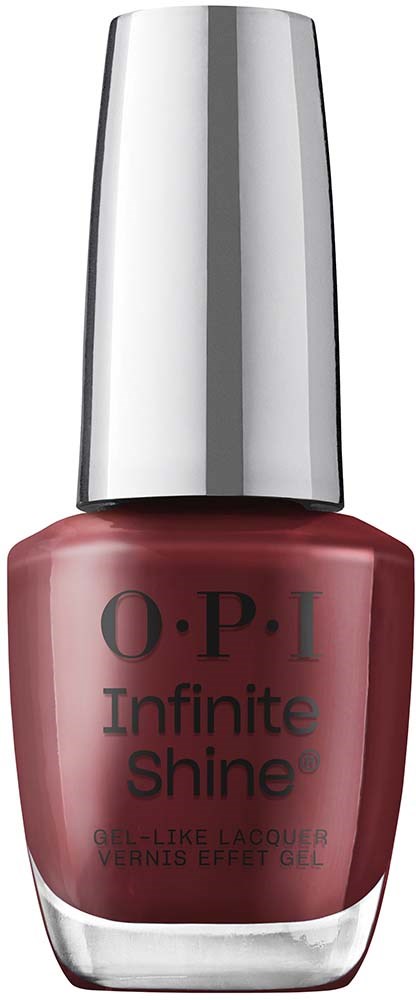 En flaske med rød neglelakk med sølvhette og svart tekst som sier 'O.P.I Infinite Shine'.