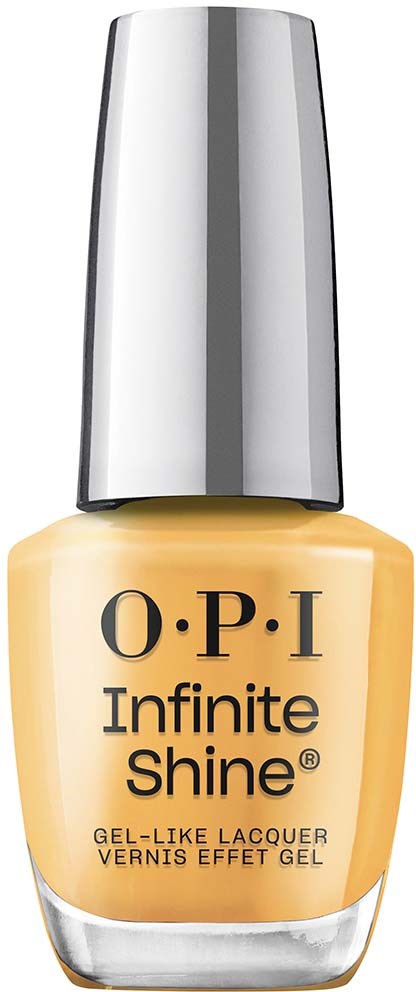 A yellow nail polish bottle with silver cap, labeled 'O.P.I Infinite Shine,' features a gel-like lacquer design.
