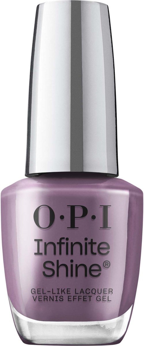 Vaalean violetti kynsilakkapullo, jossa hopeinen korkki ja teksti O.P.I Infinite Shine Garnish. Kerrotaan, että se on geelimäinen.