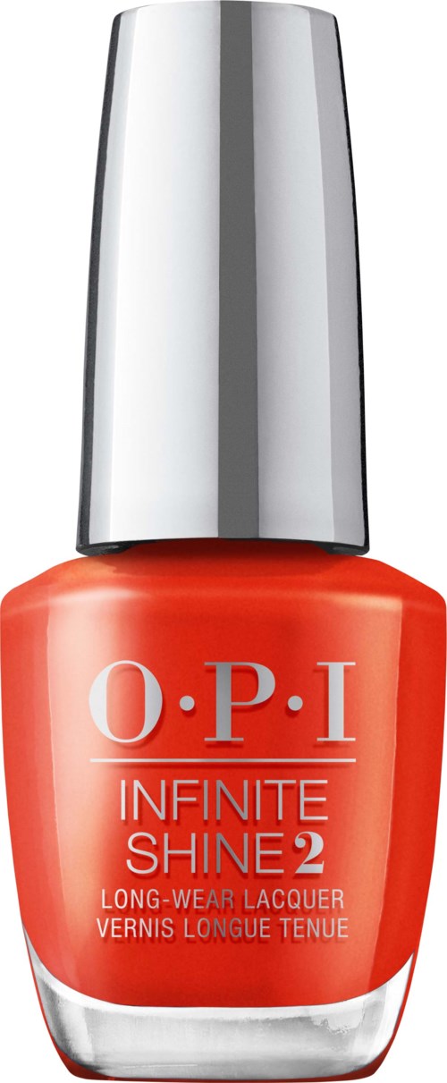 En ljusorange nagellackflaska med silverlock från O.P.I:s Infinite Shine 2-serie.