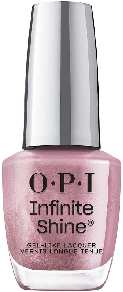 Liten rosa neglelakkflaske med sølvlokk, merket OPI, kalt Infinite Shine.
