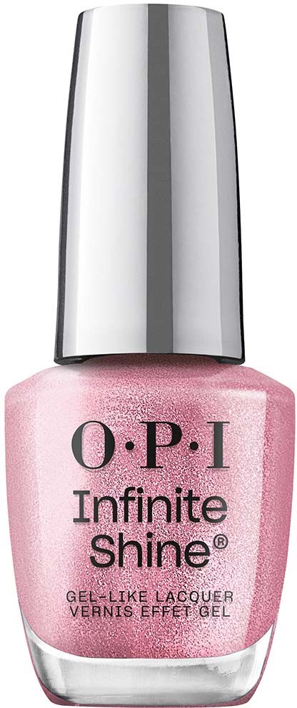 En rosa nagellacksflaska med silverlock, märkt "O.P.I Infinite Shine."