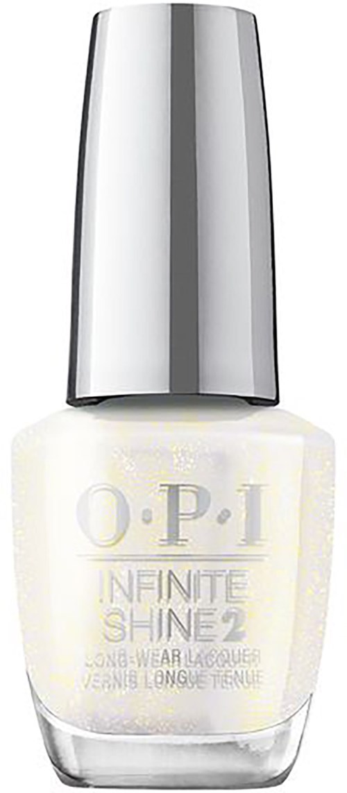 A bottle of O.P.I nail polish with a silver cap and white polish inside.