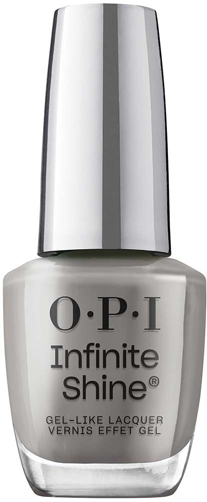 A bottle of O.P.I nail polish called Infinite Shine in gray color with a shiny silver cap.