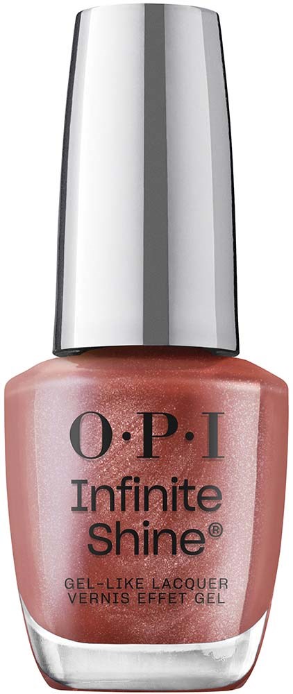 En rosa neglelakkflaske med en skinnende sølvhette, merket 'O.P.I Infinite Shine'.