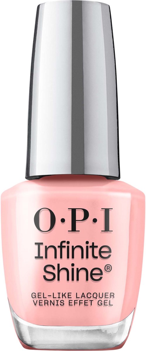 Vaaleanpunainen kynsilakkapullo hopeisella kannella, merkki OPI Infinite Shine, geelimäinen lakka.