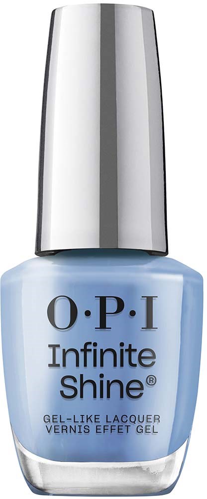 Sininen kynsilakkapullo, jossa on hopeinen korkki ja musta teksti "O.P.I Infinite Shine."