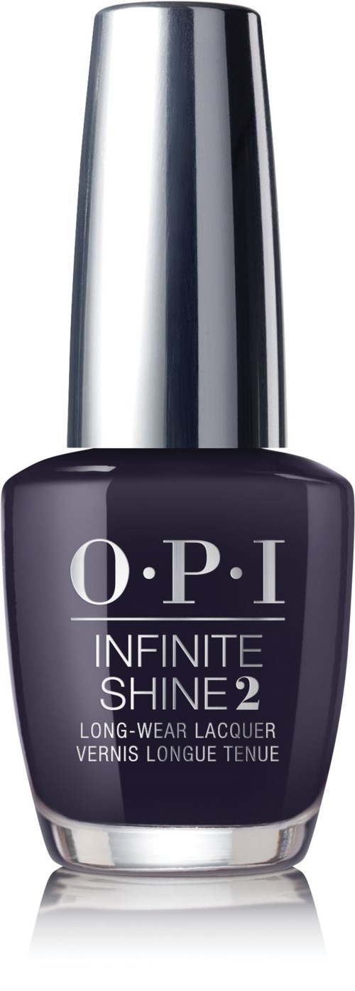Mörk lila nagellacksflaska med silverhätta, märkt O.P.I Infinite Shine 2.