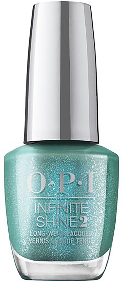 A bottle of mint green nail polish with a silver cap. The label shows brand 'O.P.I' and 'Infinite Shine 2'.