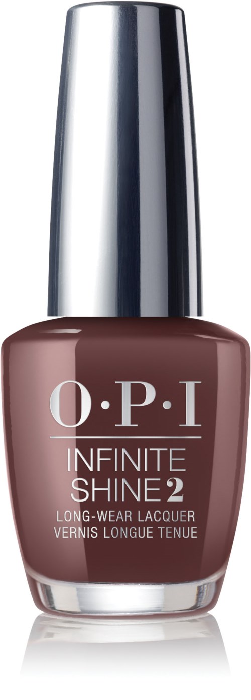En flaska nagellack OPI Infinite Shine 2 i en lila nyans med ett silverlock.