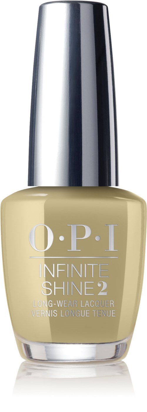 En flaska O.P.I Infinite Shine 2 nagellack i en ljus beige färg med ett silverlock.