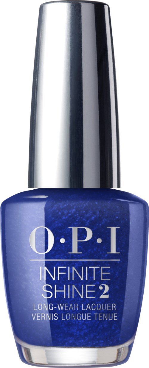 En blå neglelakkflaske med sølvhette, merket "O.P.I Infinite Shine 2" for langvarig bruk.