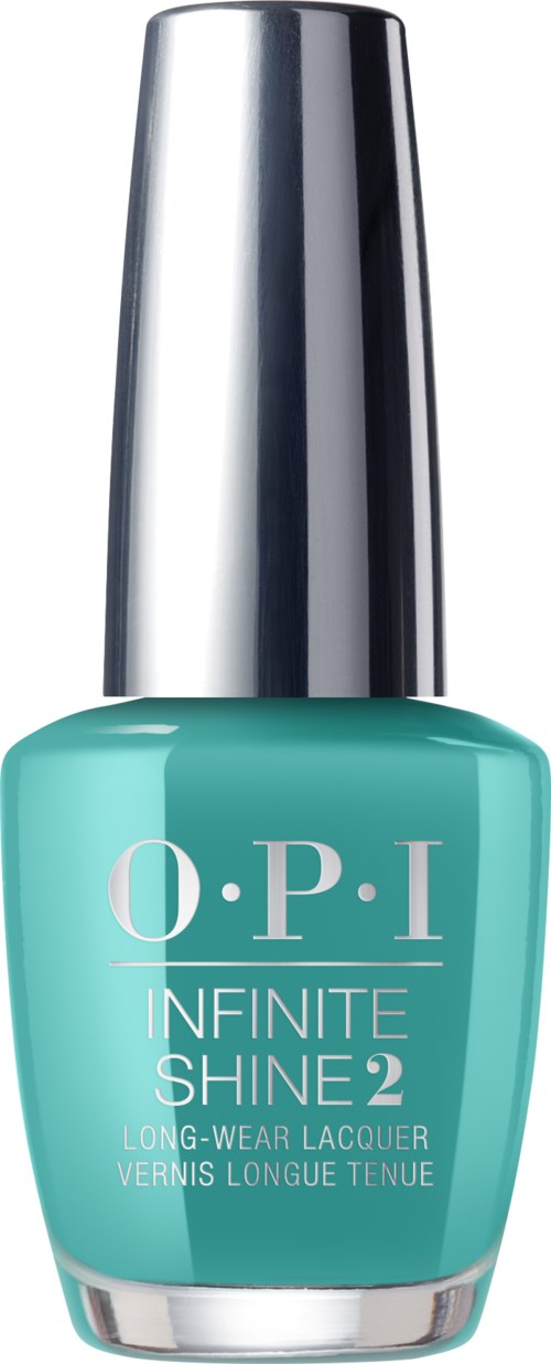 En flaske turkis neglelakk med en blank sølvhette, merket "O.P.I Infinite Shine 2."