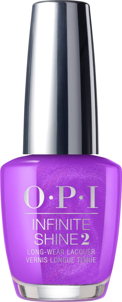 Lila nagellackflaska med silverkork, märkt "O.P.I Infinite Shine 2."