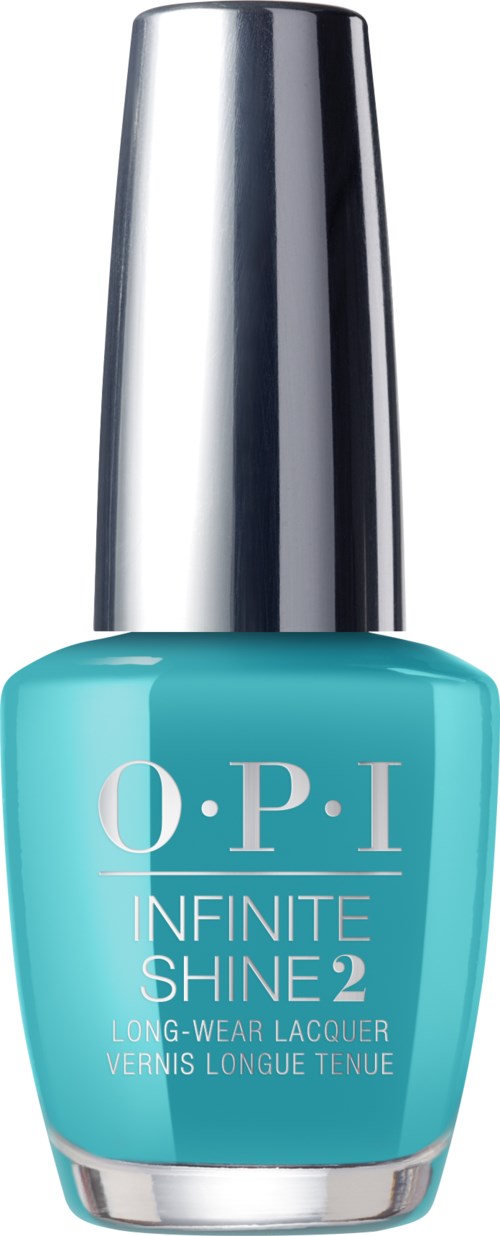 En blå nagellackflaska med silverlock och vit text, märkt 'O.P.I Infinite Shine 2' och 'Long-Wear Lacquer.'
