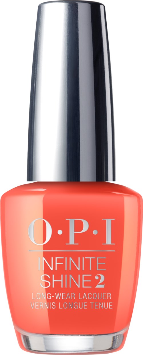 En korallfärgad nagellacksflaska med silverkork och O.P.I-logga.