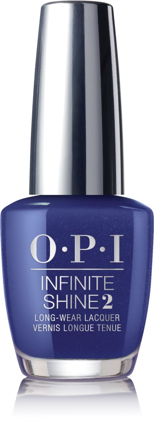 En blå nagellackflaska med silverkapsyl och vit text, märkt O.P.I Infinite Shine 2.
