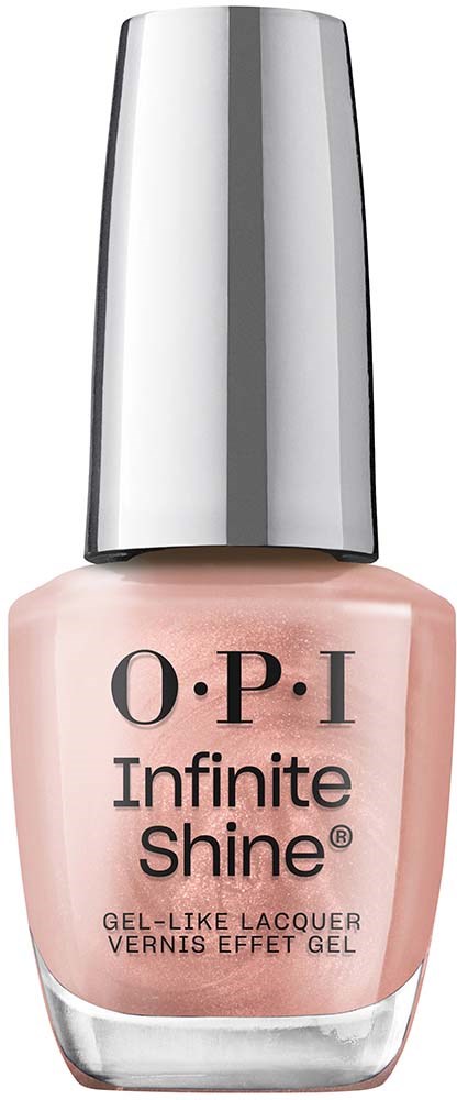 En flaska nagellack i rosa med en silverkork, märkt OPI Infinite Shine.