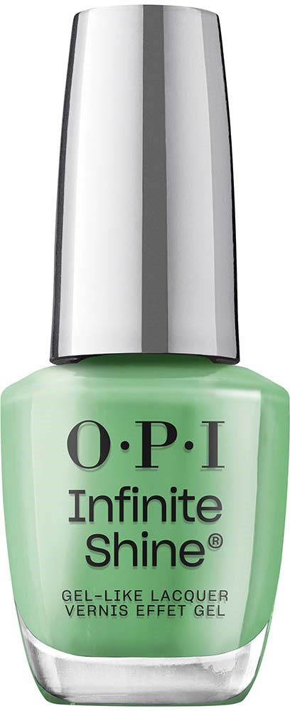 Grön nagellackflaska med silverkork, märkt 'O.P.I Infinite Shine, Gel-Like Lacquer.'