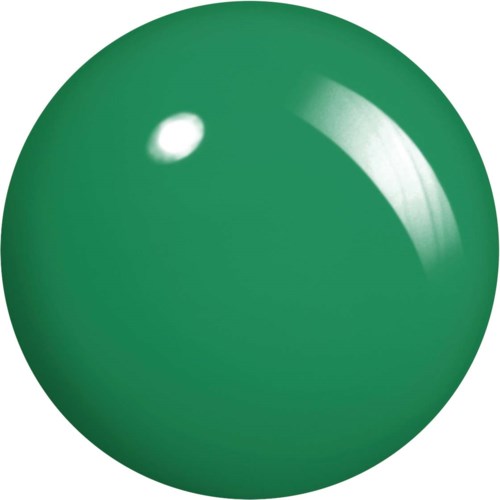 En glänsande grön boll med en liten vit reflektion, slät yta och rund form.