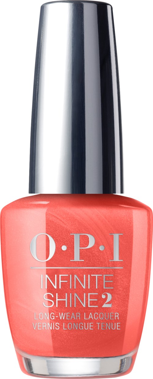 En korallrosa nagellacksflaska med silverlock, märkt 'O.P.I Infinite Shine 2'.