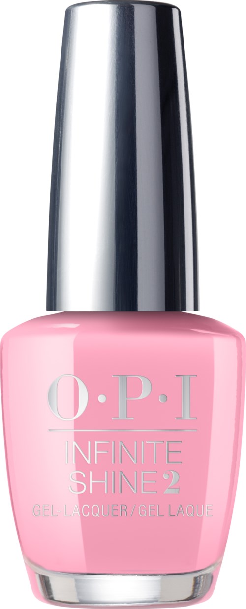 Rosa nagellackflaska med silverkork och OPI-märke, märkt 'INFINITE SHINE 2'.