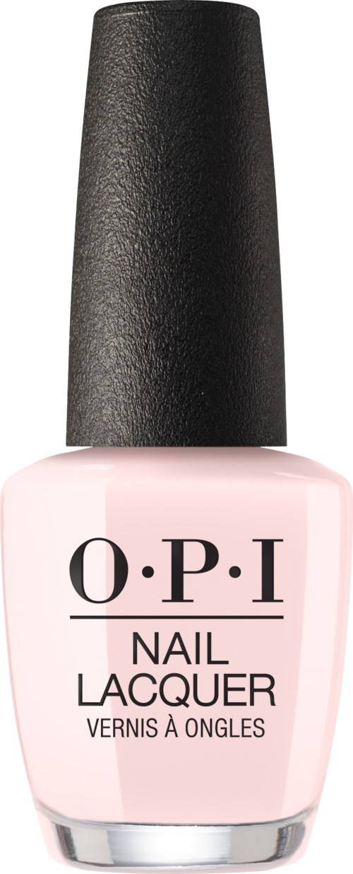En liten rosa flaska nagellack från O.P.I med en svart kork.