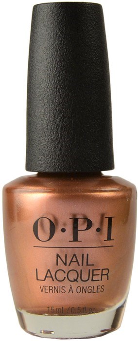 En nagellackflaska i roséguld med svart topp från O.P.I. märket. Etiketten säger nagellack.