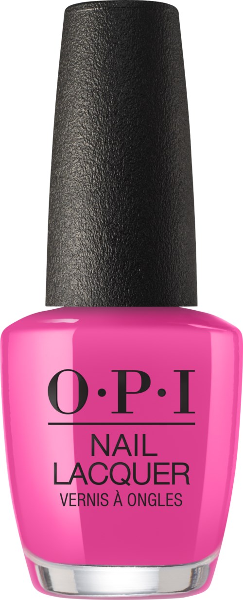 Rosa neglelakkflaske med svart kork, merket 'O.P.I Nail Lacquer'.
