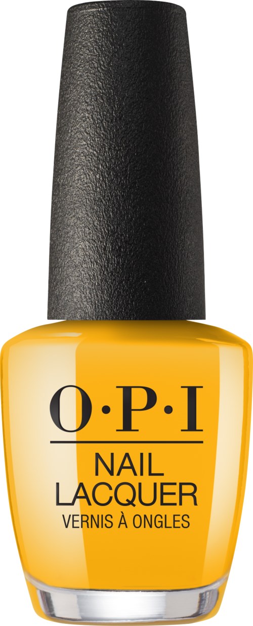 En ljusgul nagellackflaska med svart lock, märkt 'O.P.I Nail Lacquer'.