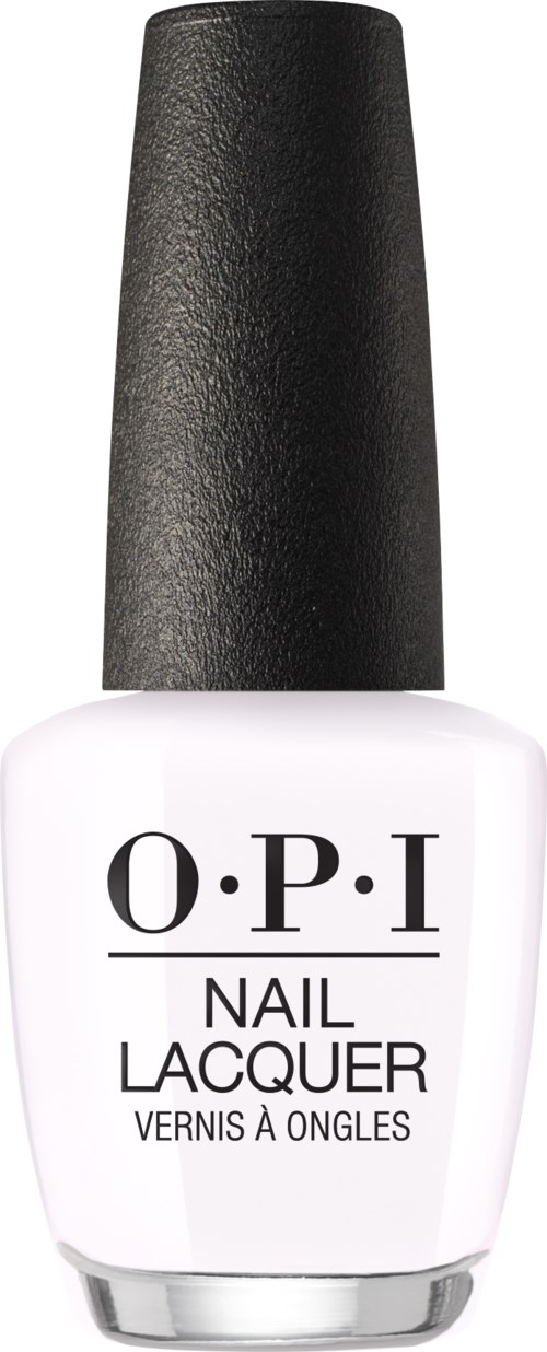 En hvit neglelakkflaske med svart kork og etikett som sier "O.P.I Nail Lacquer."