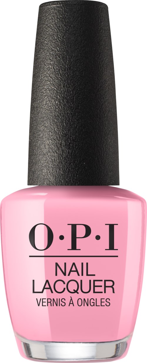 Rosa nagellacksflaska med svart lock, märkt O.P.I. Nail Lacquer.