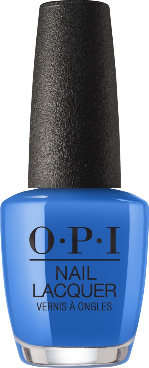En blå neglelakkflaske med svart kork merket "O.P.I Nail Lacquer."