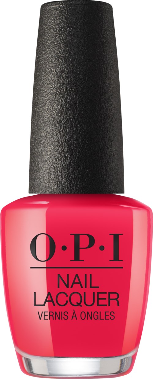 Rosa nagellackflaska med svart lock, märkt "O.P.I Nail Lacquer."