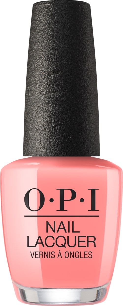 En rosa neglelakkflaske med svart hette, merket O.P.I Nail Lacquer.
