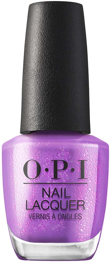 A purple nail polish bottle with black cap from O.P.I. shows shiny, glittery nail lacquer.