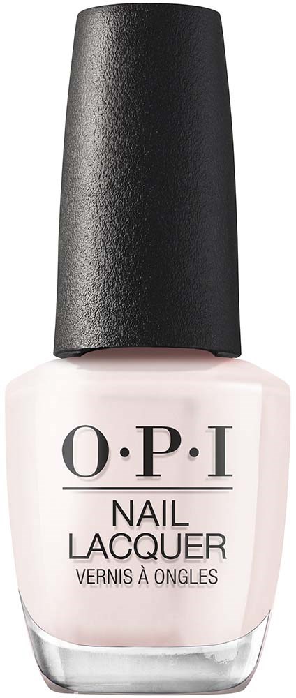 A bottle of O.P.I nail lacquer with a black cap and pinkish nail polish inside.