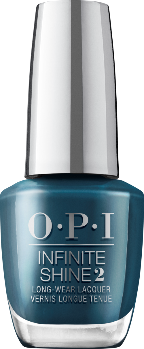 En flaske med blå O.P.I neglelakk med sølvhette. Etiketten sier 'Infinite Shine 2 Long-Wear Lacquer.'