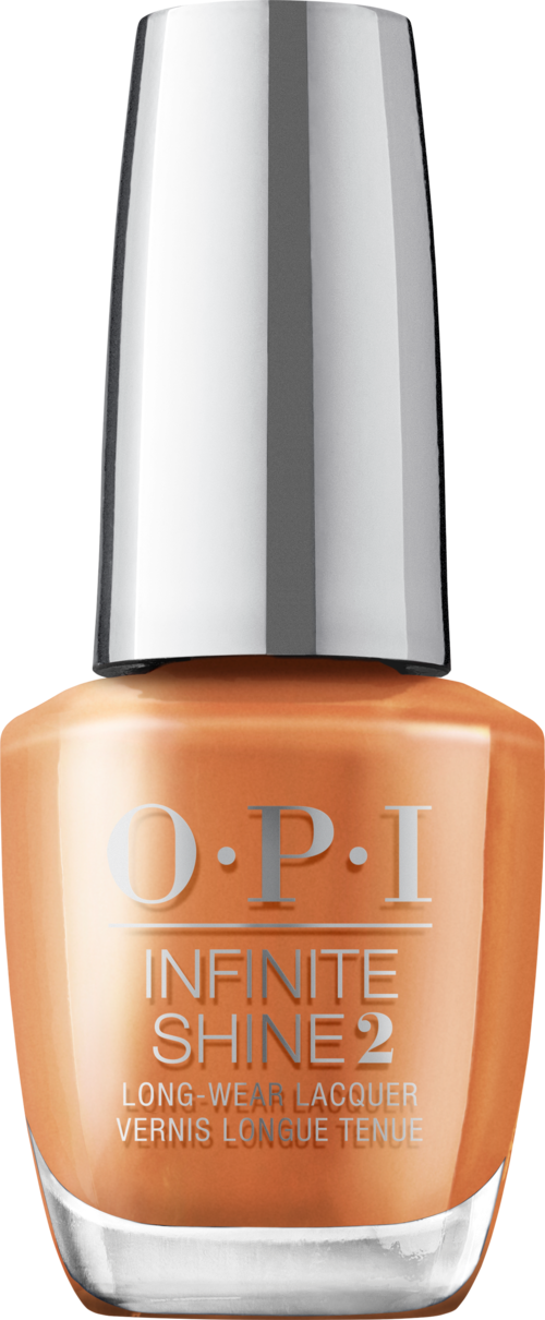Nagellackflaska i persikfärg med en silverkapsel, märkt O.P.I Infinite Shine 2.