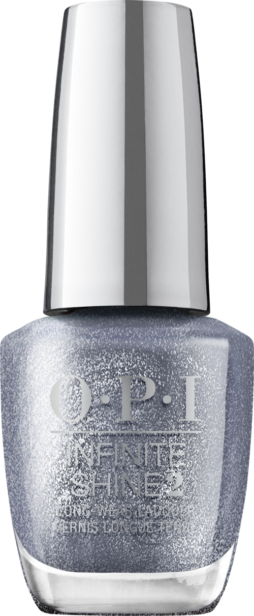 En silver- och grå nagellackflaska med en glänsande, metallisk kork från O.P.I.-varumärket.
