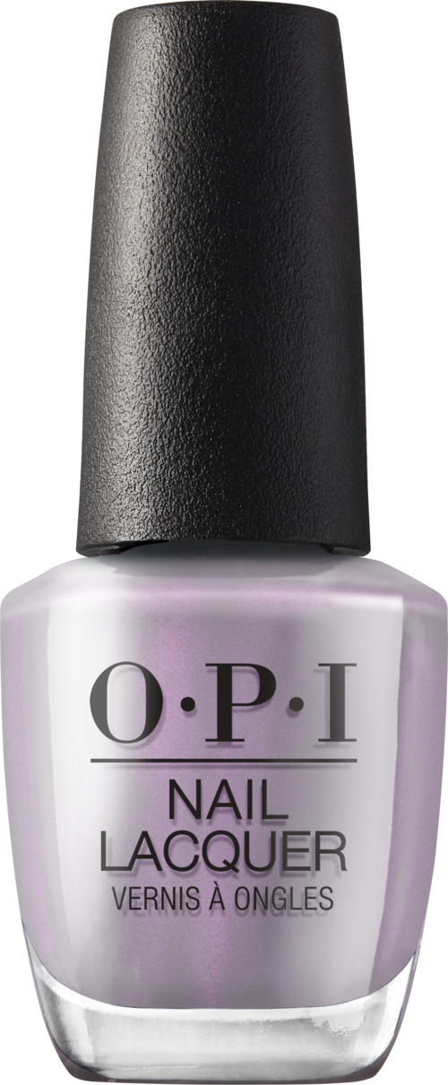 En flaske med OPI neglelakk med lysende lilla farge og svart kork.