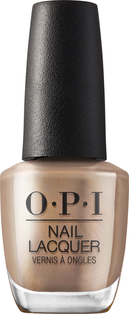 En beige neglelakkflaske fra O.P.I med svart lokk, merket 'Nail Lacquer'.