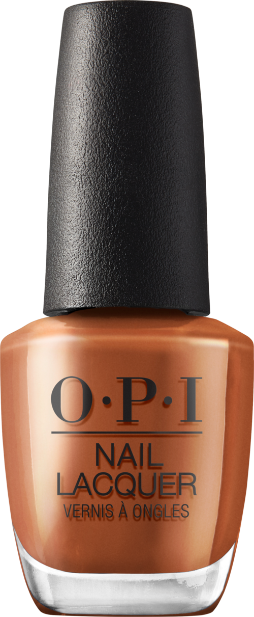 A bottle of O.P.I nail lacquer with black cap and peach-colored polish.