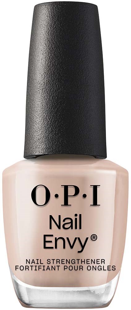 En flaske med O.P.I Nail Envy neglelakk med svart lokk og beige væske inni.
