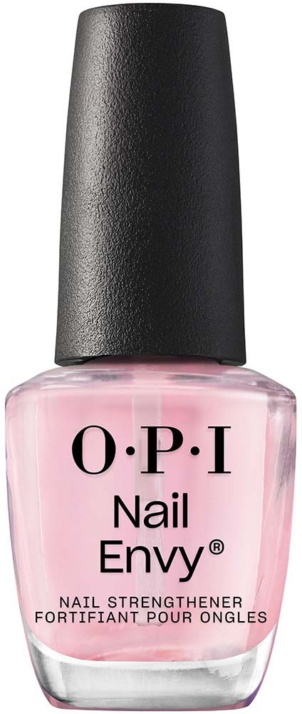 En rosa neglelakkflaske med svart kapsel, merket 'O.P.I Nail Envy'.