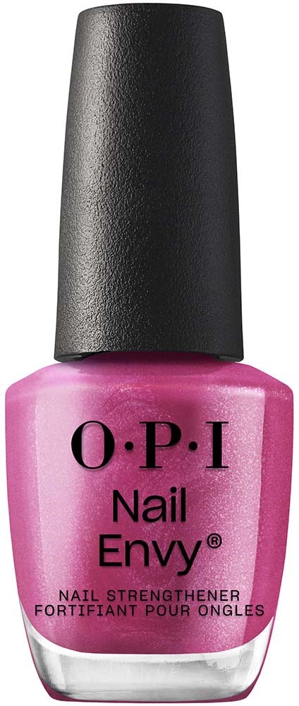 Rosa neglelakkflaske med svart lokk, merket 'O.P.I Nail Envy' for å styrke negler.