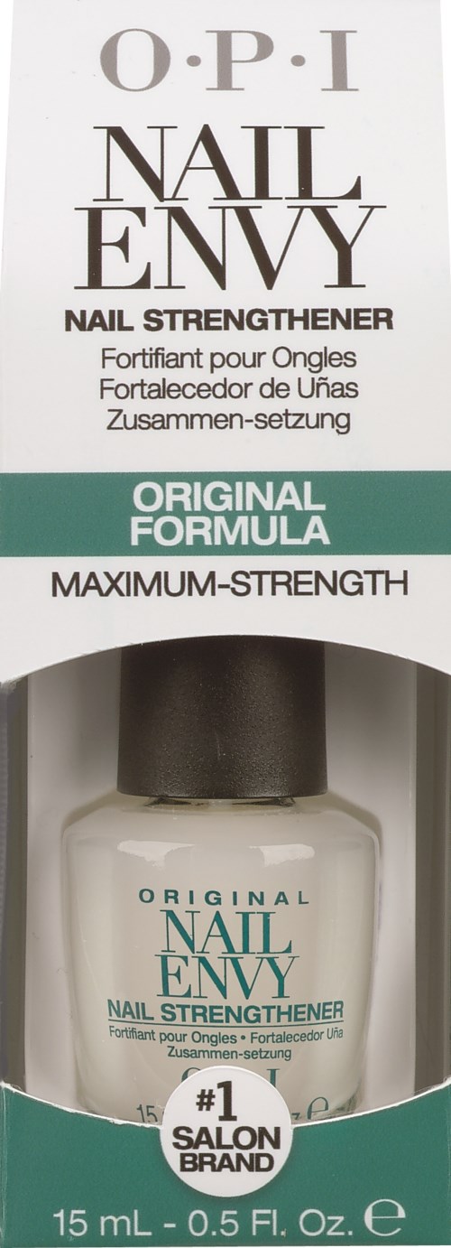 En nagelförstärkare från O.P.I kallad NAIL ENY ENY, i en vit och grön box, visar en liten flaska inuti.