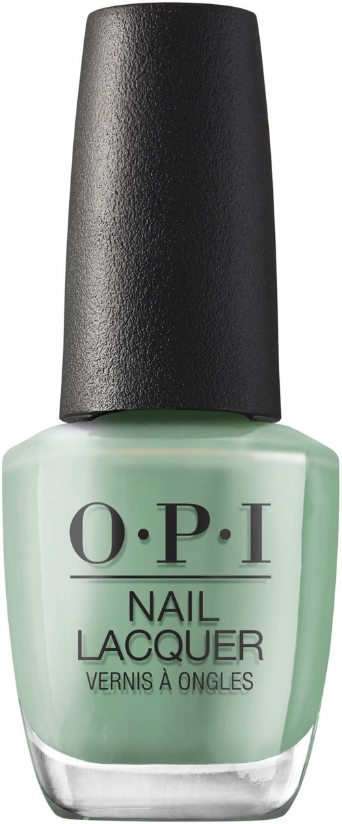 A bottle of O.P.I nail lacquer in light mint green with a black cap.