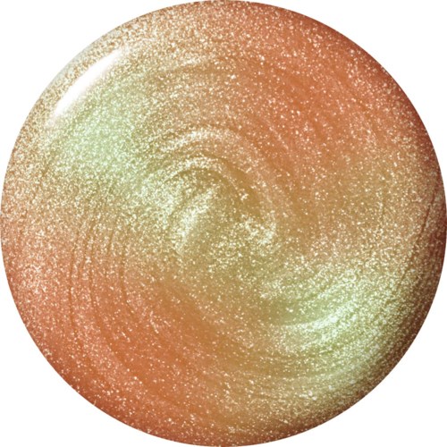 Een ronde, glanzende voorwerp met een glitterend, swirlend patroon in goud, oranje en groen.