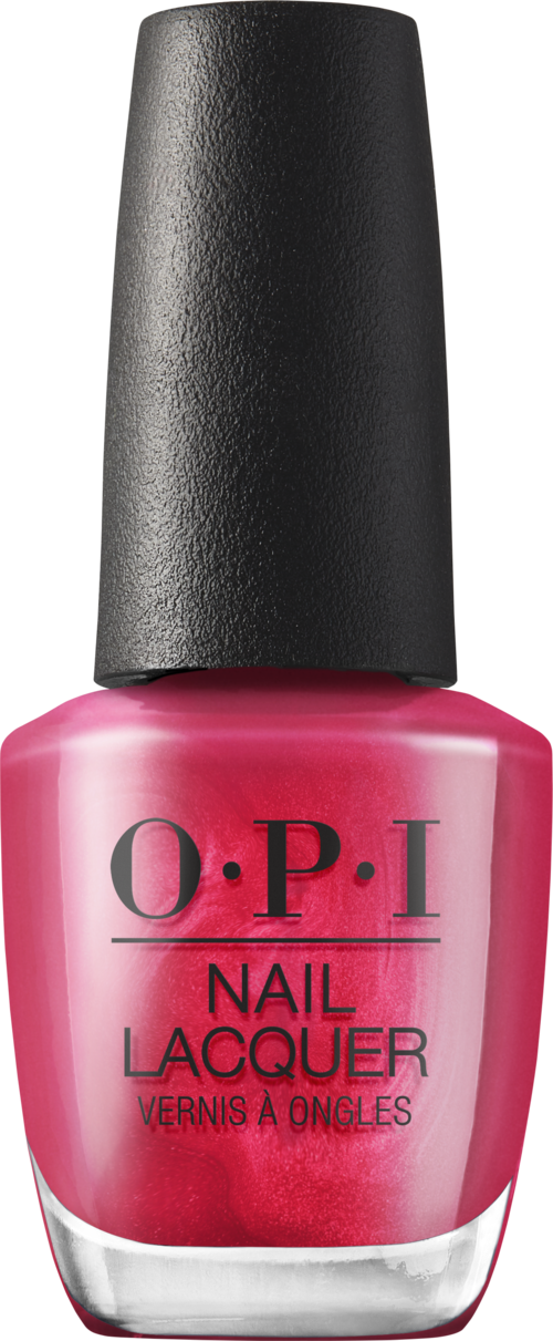 Rosa nagellackflaska med svart kork, märkt O.P.I Nail Lacquer, glänsande och slät.